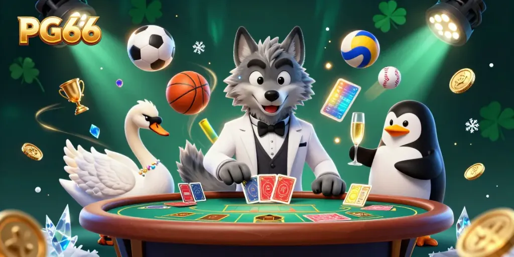 Experience PG66 with a vibrant 3D illustration of a debonair wolf and friends enjoying casino games.