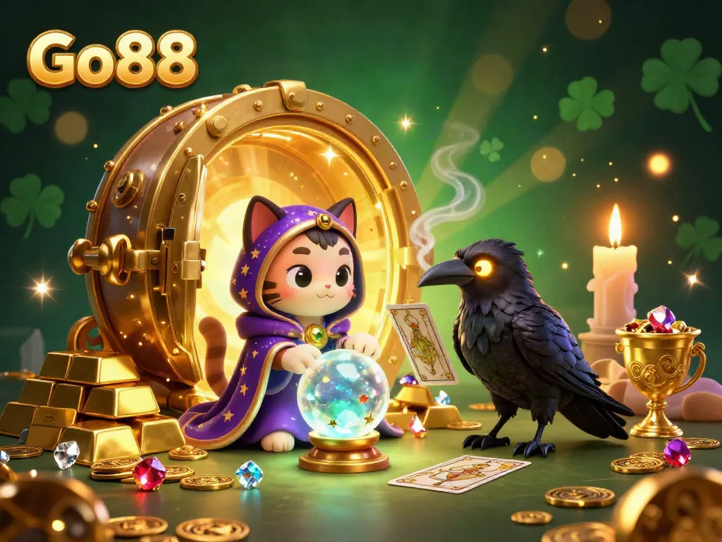 Experience Go88's mystical casino theme with a fortune teller cat, tarot raven, and golden treasures.
