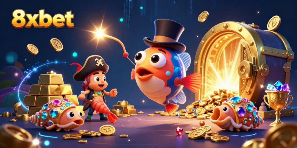 8xbet features a dazzling scene with a whimsical anglerfish, pirate shrimp, and gemstone snail amidst treasures.