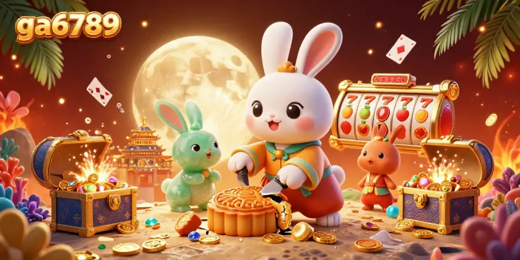 Experience ga6789 with a vibrant moon rabbit character in an exciting casino scene.