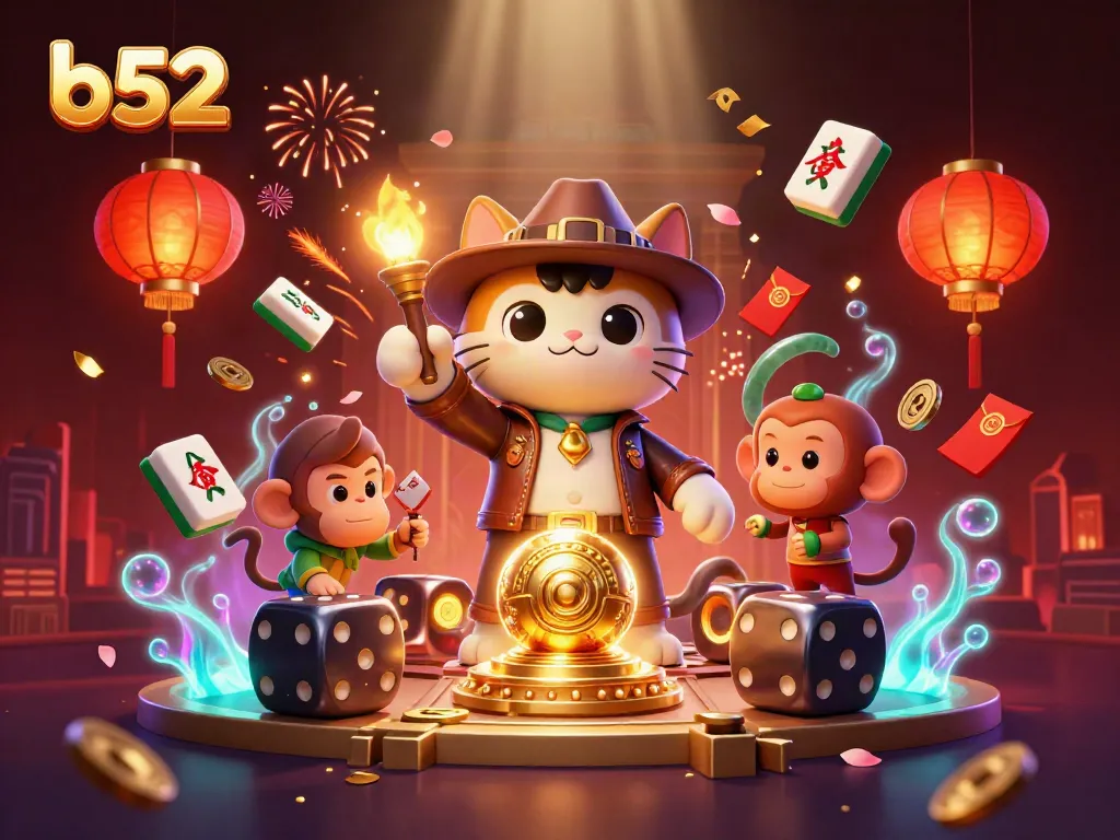 Experience the thrill of the b52 casino with a vibrant 3D illustration of an explorer cat and monkey companion.
