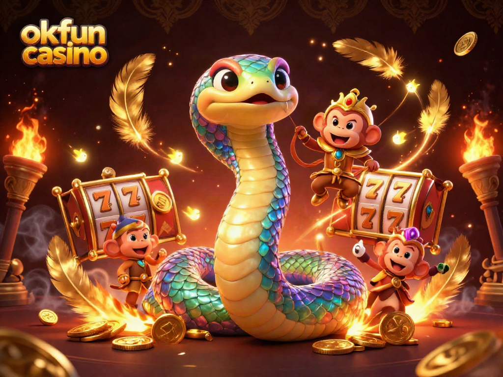 The vibrant scene of okfun casino features a rainbow serpent, monkey king, and dynamic game elements capturing excitement.