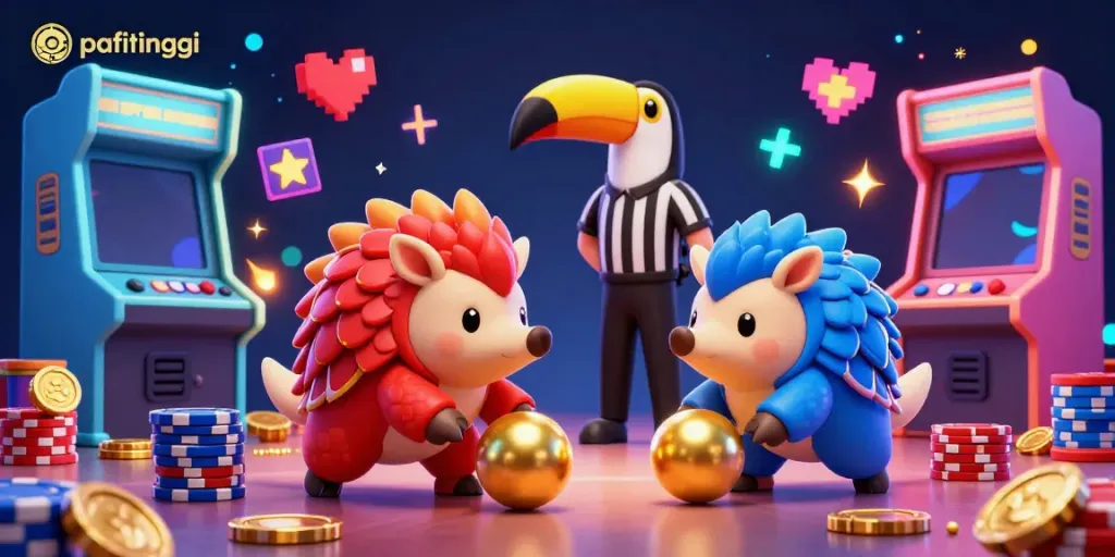 Pafitinggi menggambarkan pangolin berkompetisi bowling di kasino dengan suasana penuh permainan dan kemewahan.