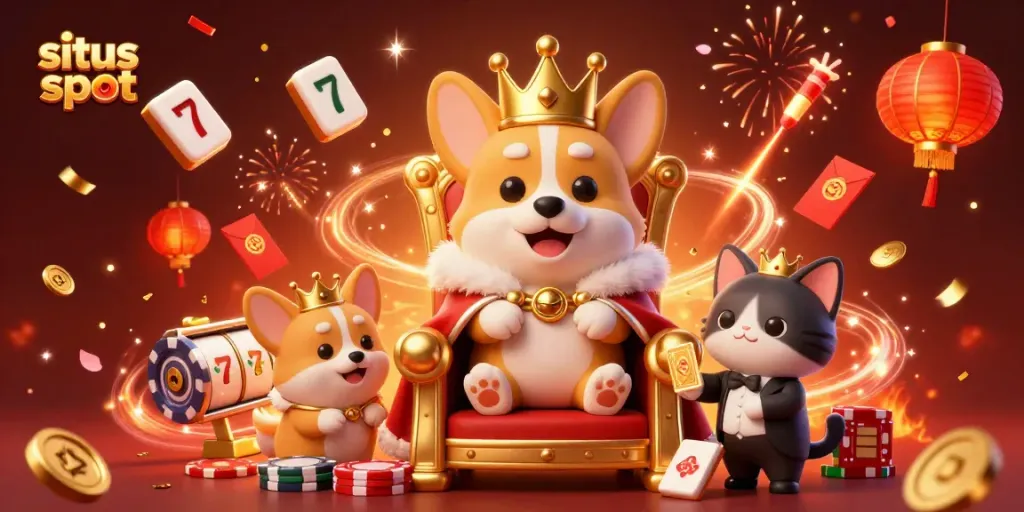 Spin and win at situs slot with a royal corgi and vibrant casino elements in a festive scene.