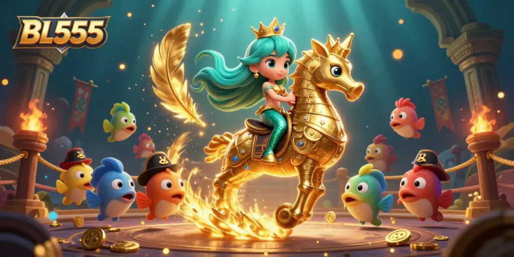 Engage with BL555's thrilling 3D gaming adventure featuring a mermaid riding a seahorse amidst underwater action.