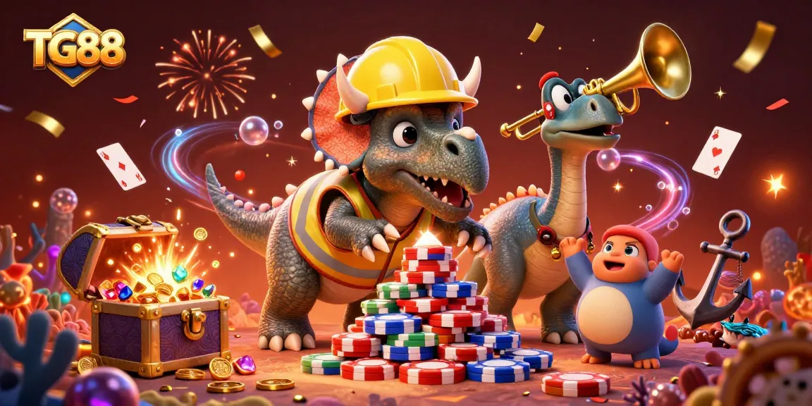 Celebrate wins at TG88 while a triceratops builds poker chip pyramids amidst confetti and festive elements.