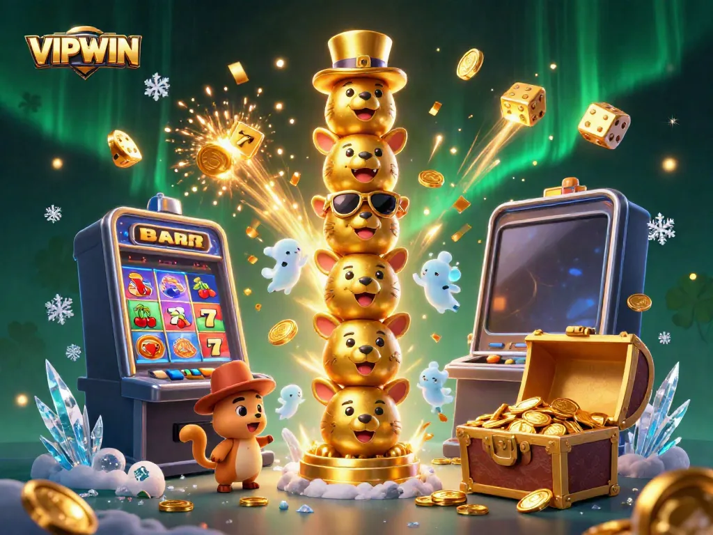Experience the excitement of VIPWIN with a dynamic casino scene featuring a golden totem and jackpot elements.