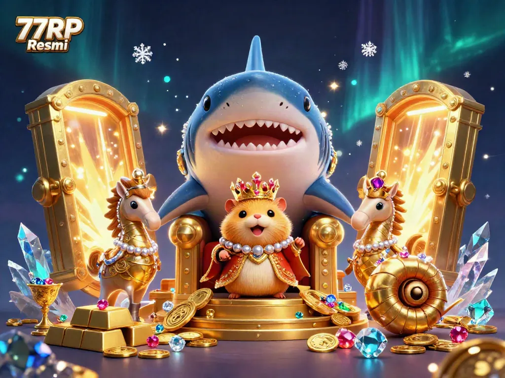 Experience 77RP Resmi with a golden hamster king in a vibrant, treasure-filled casino theme.