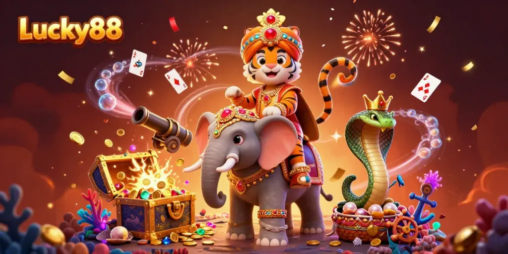 Engage with Lucky88 at the vibrant casino adventure featuring a jewel-encrusted elephant and treasures.