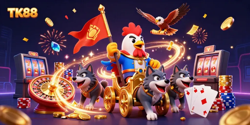Experience thrilling moments at TK88 as a rooster warlord dominates the casino chariot amidst vibrant gaming elements.
