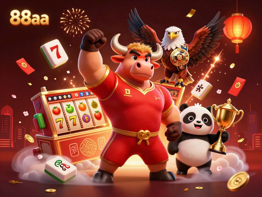Engage in thrilling gameplay with 88aa's lively 3D casino scene featuring vibrant characters and festive symbols.