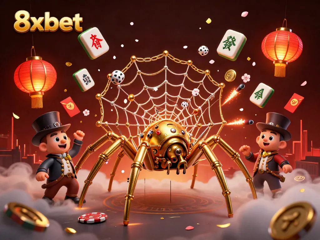 Engage in exciting games at 8xbet, where a golden spider constructs a web of luck with poker chips and floating mahjong tiles.