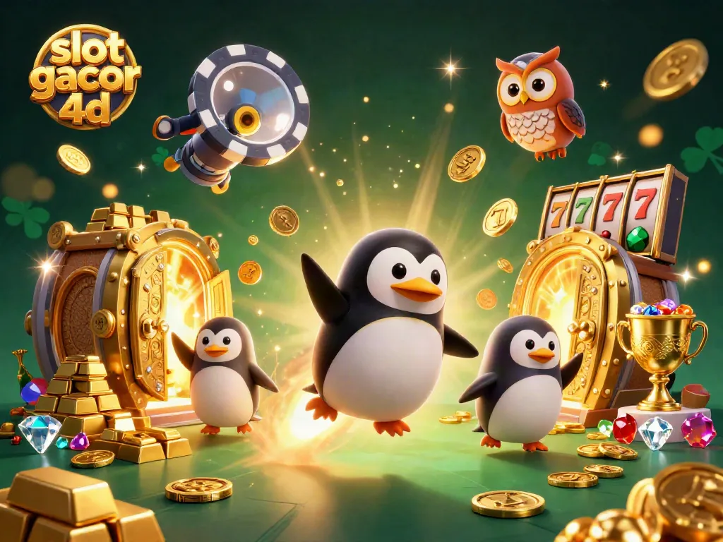 slot gacor 4d menampilkan penguin emas meluncur menuju kasino dengan tumpukan harta karun bersinar