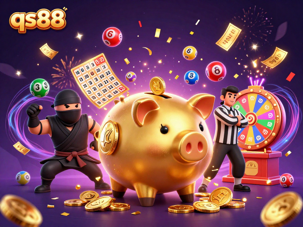 Engage with qs88's exciting gaming experience as golden coins rain down from a sumo wrestler piggy bank.