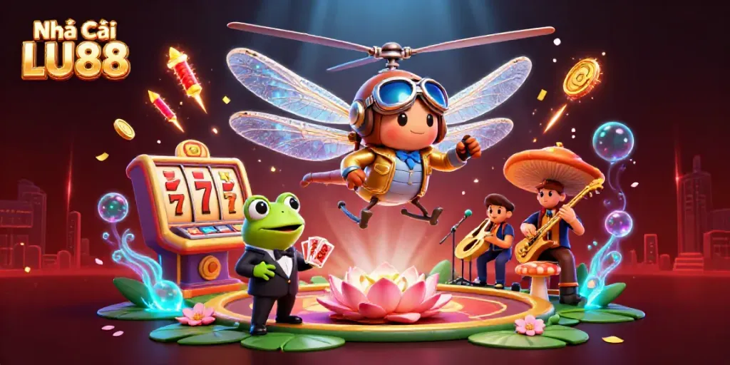 Engage in thrilling gameplay at Nhà Cái LU88 with vibrant 3D casino elements and animated characters.
