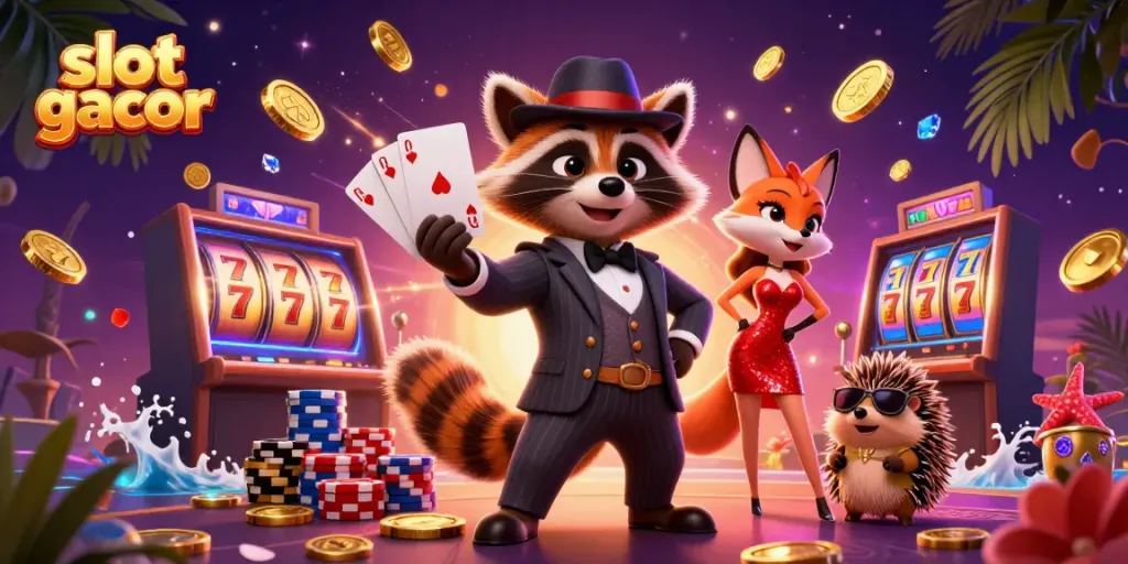 Slot gacor menampilkan rakun, rubah, dan landak di kasino 3D yang penuh gemerlap.