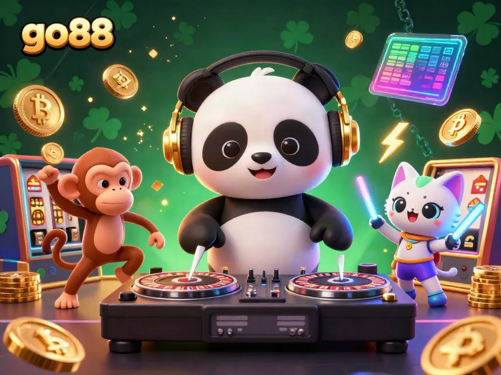 Experience the thrill of go88 with a vibrant 3D casino scene featuring a DJ panda, breakdancing monkey, and glow-stick kitten.