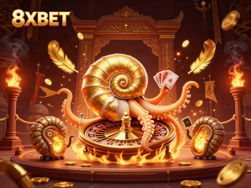 Engage in thrilling gameplay with unique 8XBET casino elements featuring a giant nautilus and golden tokens.