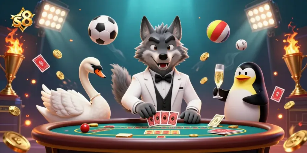 Engage with the dynamic world of s8, where the cartoon wolf and swan deal cards in an exciting casino scene.
