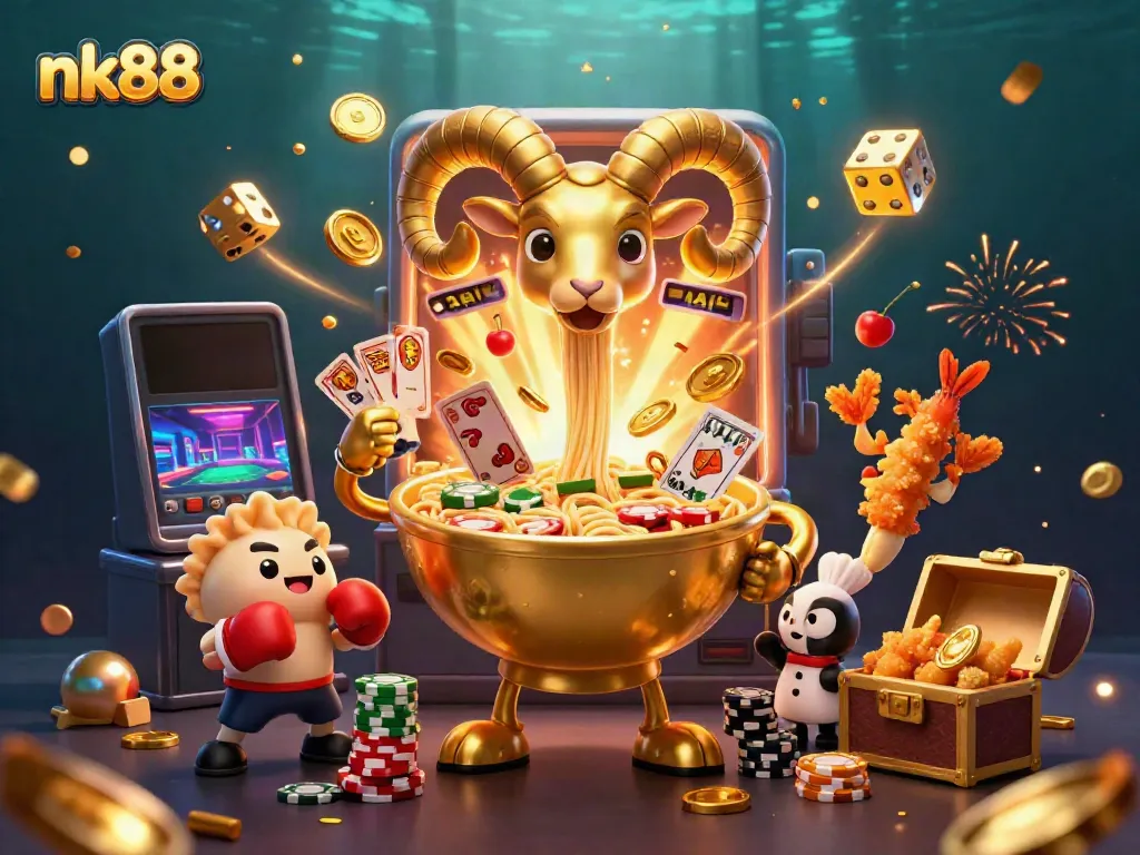 Embrace the excitement of nk88 with a vibrant casino scene featuring unique characters and lively game elements.