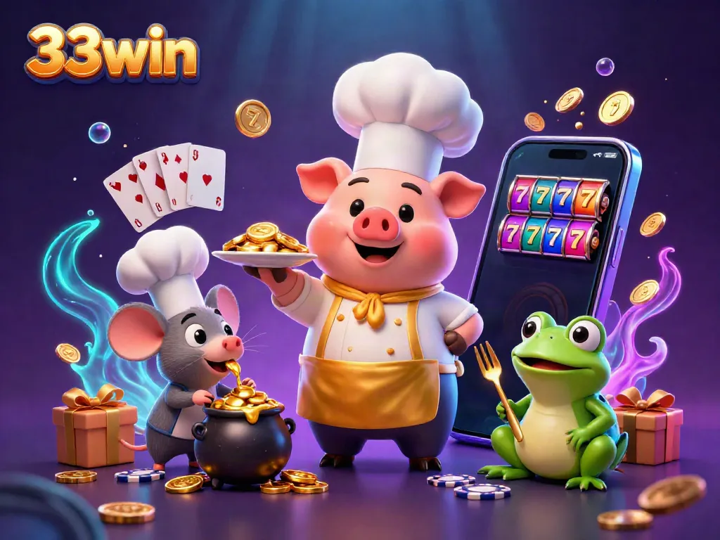 Experience the excitement of 33win as cartoon characters serve gold coins and play casino slots!