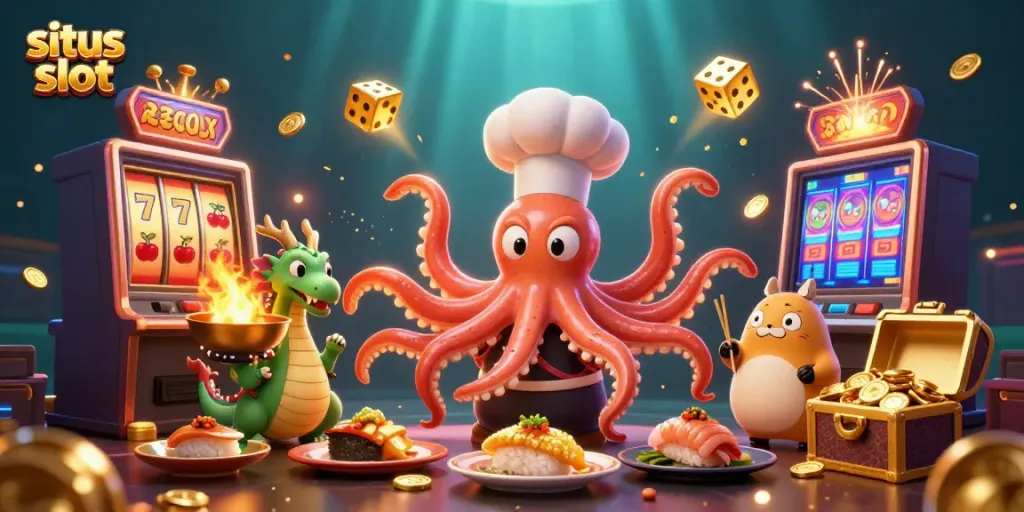 Experience situs slot excitement through a vibrant 3D illustration of a festive casino scene.