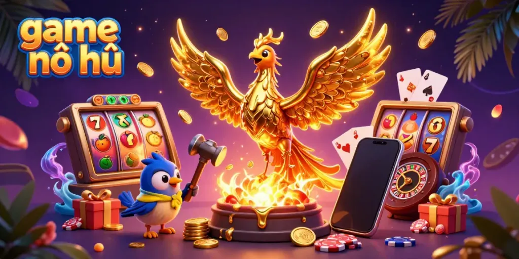 Experience the thrill of game nổ hũ with a golden phoenix and dynamic slot elements in a vibrant casino illustration.