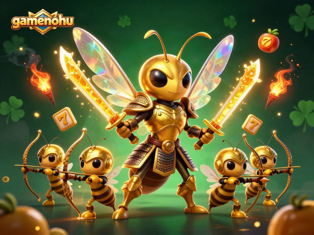 Experience gamenohu's vibrant slots theme with a golden hornet samurai in action.