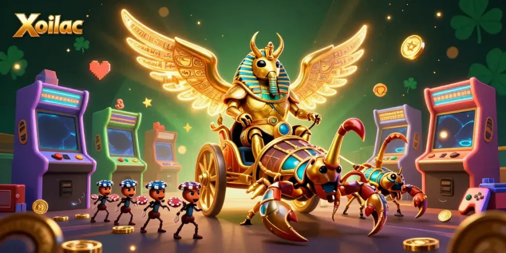 Xoilac invites players with a vivid 3D representation of a scarab-themed casino adventure.