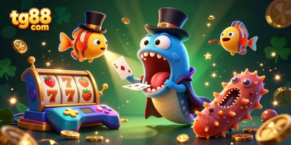 Win big with tg88 com as you watch a magical underwater casino scene featuring a deep-sea eel and vibrant game elements.