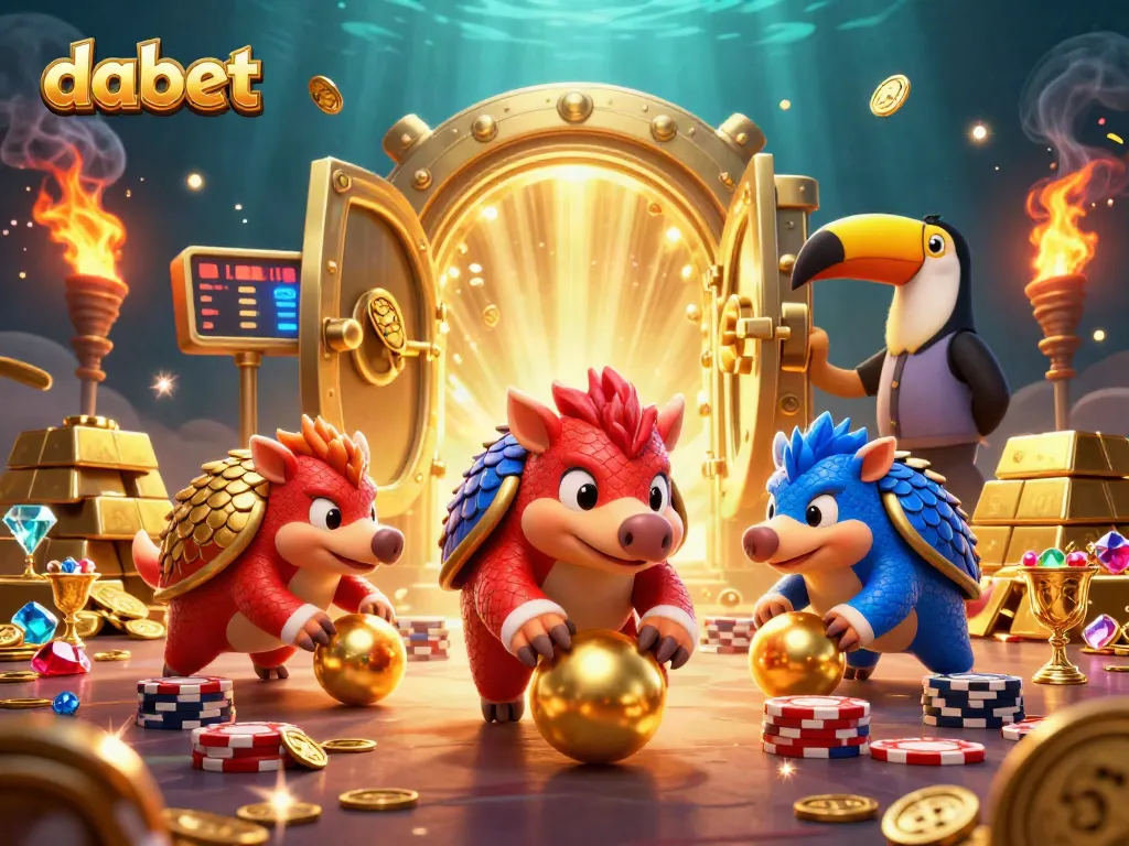 Experience thrilling casino action with dabet as rival pangolins roll through golden poker chips in a vibrant illustration.