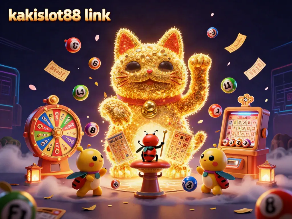 Permainan slot kakislot88 link yang penuh simbol keberuntungan melibatkan kucing lucky cat dan kunang-kunang emas.