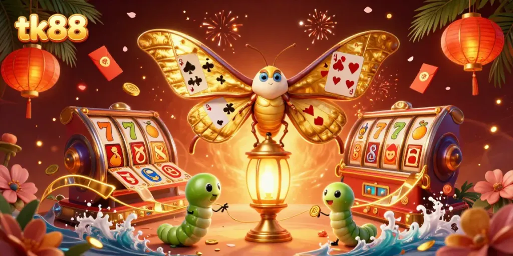 The vibrant tk88 digital illustration showcases an enchanting casino scene with a majestic atlas moth and gaming symbols.