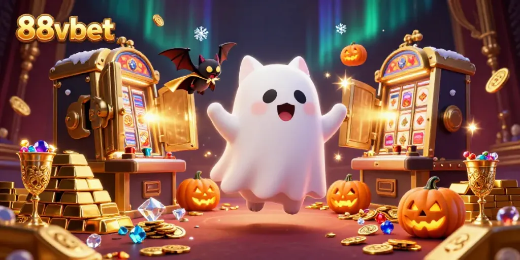 Experience thrilling adventures with 88vbet in a vibrant, haunted casino setting featuring ghostly characters and treasure.