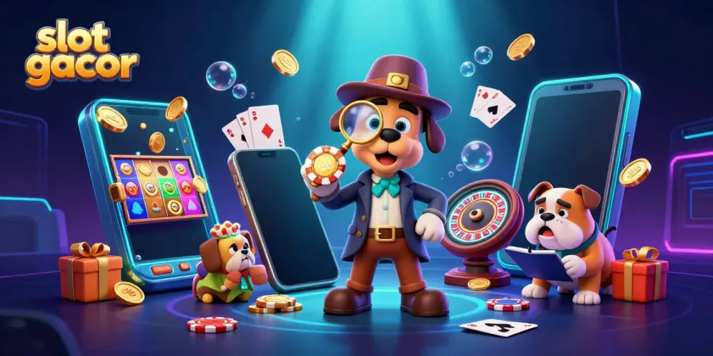 Menangkan slot gacor dengan ilustrasi 3D detektif mencari petunjuk di dunia kasino