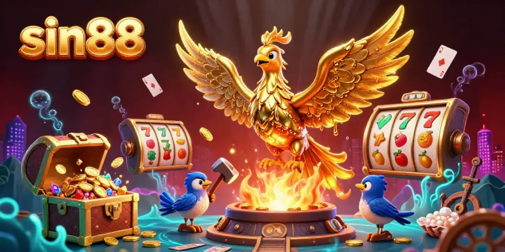Experience sin88 in a vibrant casino scene with a molten golden phoenix and scattered slot game symbols.