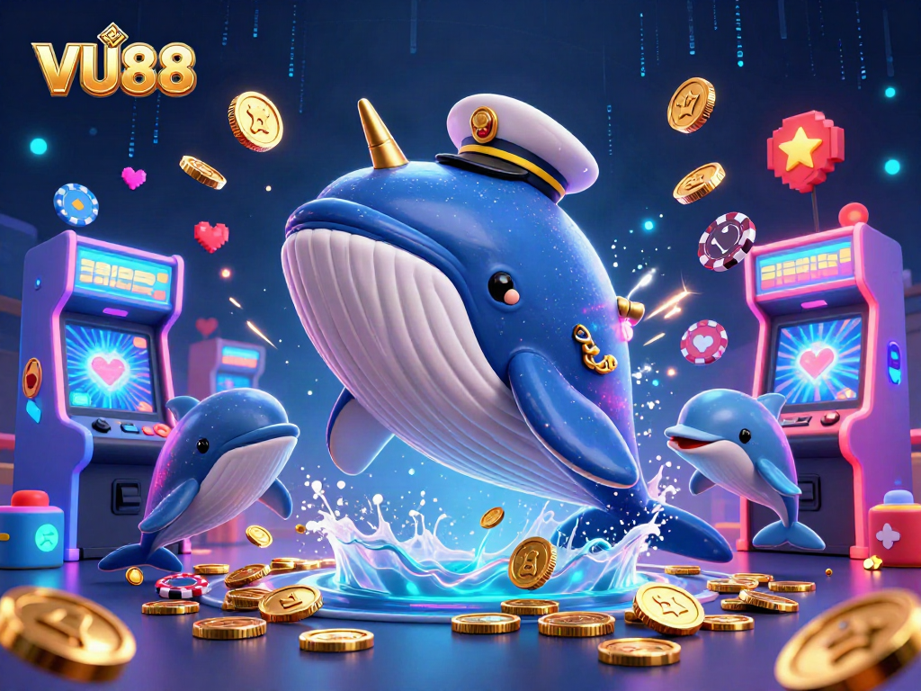 Engage with VU88 as playful dolphins perform tricks with poker chips amidst a vibrant casino scene.