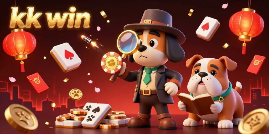 Engaging scene of kk win featuring a playful detective and bulldog, surrounded by festive casino elements.