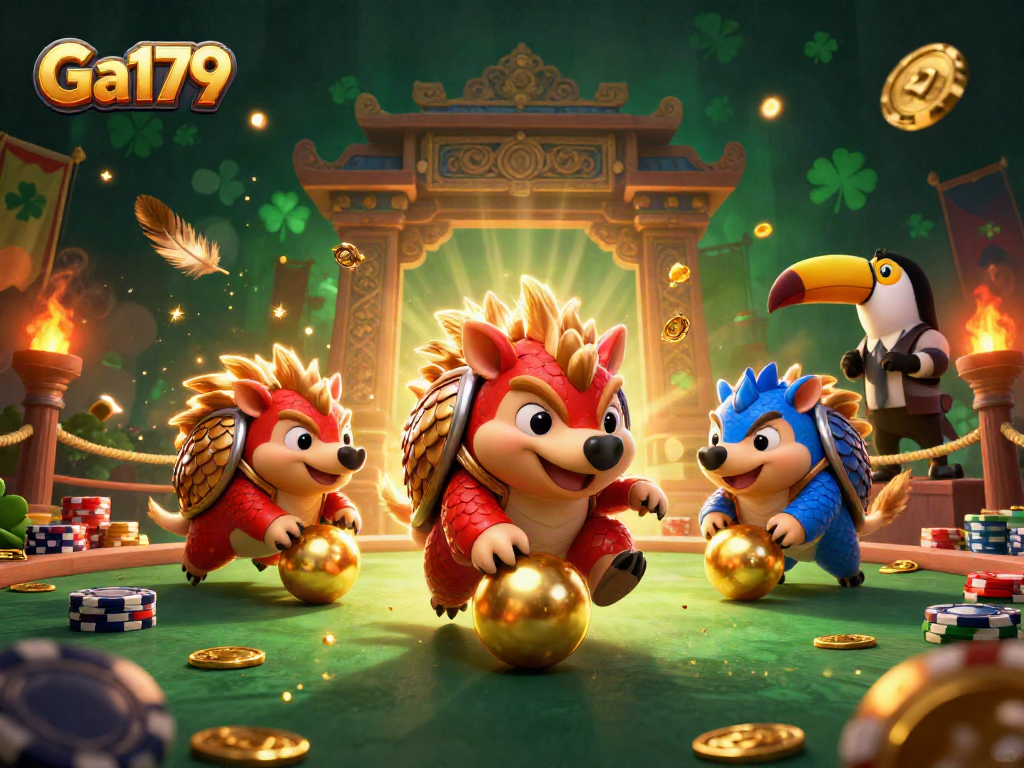 Experience the thrill of Ga179 with rival pangolins bowling through poker chips in an exciting casino scene.