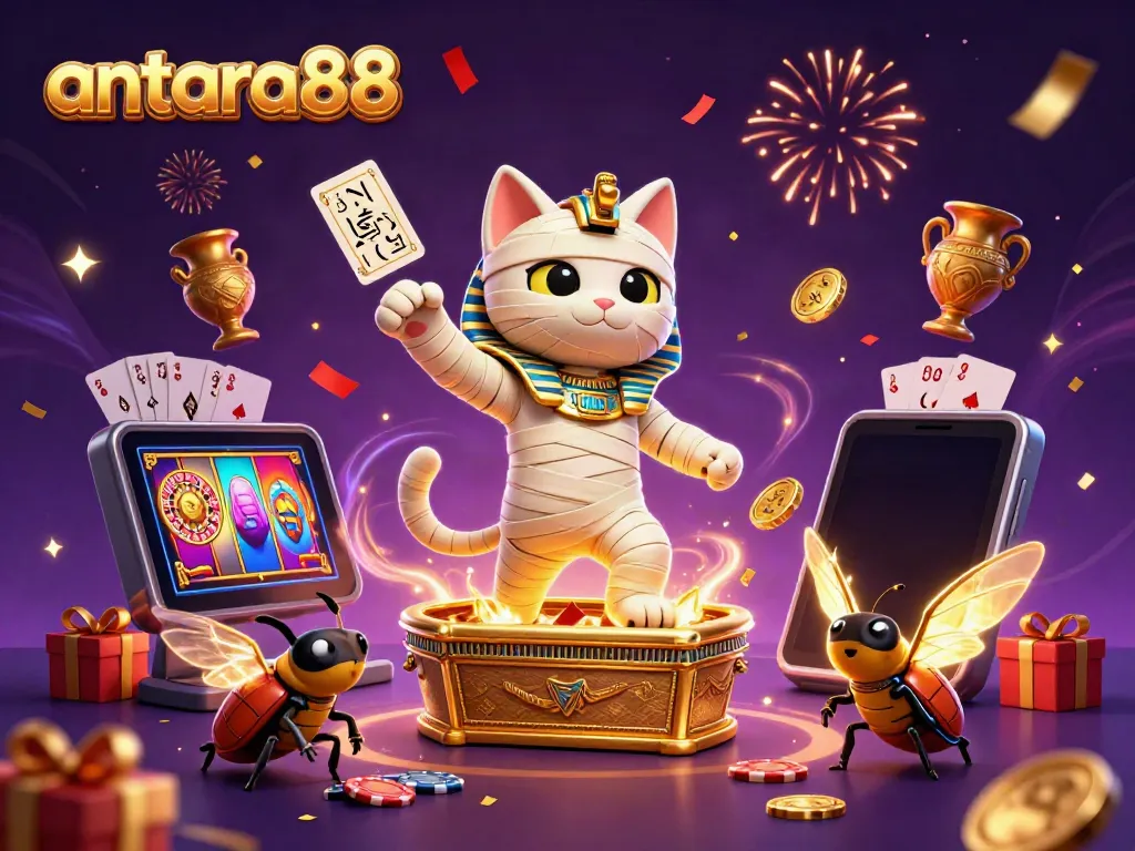 Experience the adventure of antara88 with a 3D mummy cat and a scarab beetle surrounded by casino excitement.