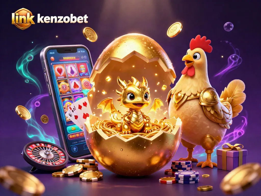 Play and win at link kenzobet with a vibrant 3D dragon casino illustration featuring golden chips and games.