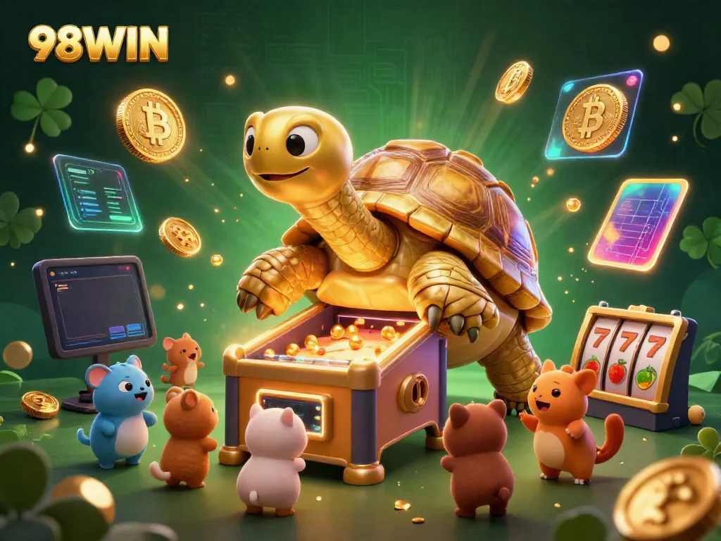 Experience thrilling fun at 98WIN with a dynamic tortoise-themed casino illustration, featuring exhilarating slot reels and vibrant crypto elements.