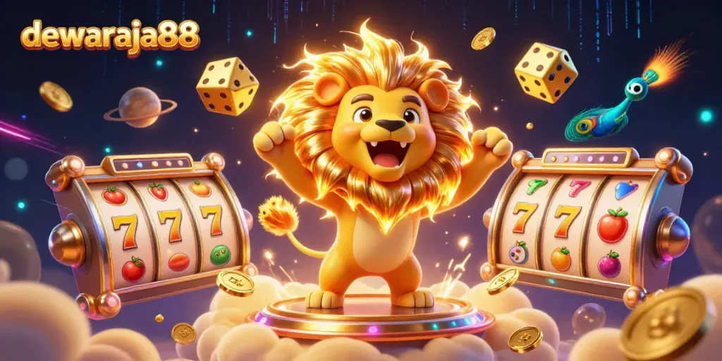 Putaran slot gacor dewaraja88 dalam ilustrasi 3D yang meriah dengan simbol jackpot dan gulungan slot.