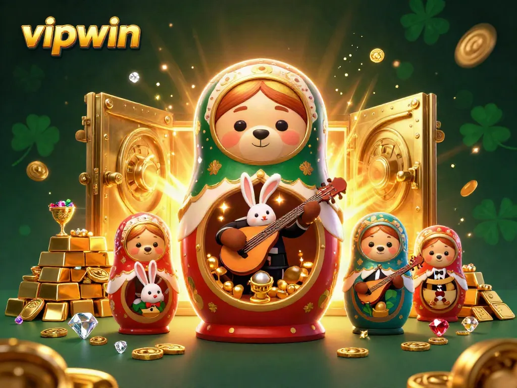Join the vipwin experience with animated bears in vibrant casino attire and sparkling treasures.