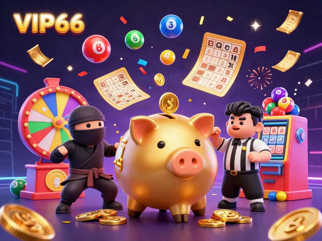This vibrant illustration showcases VIP66 with a sumo wrestler piggy bank, colorful lottery elements, and dynamic action.