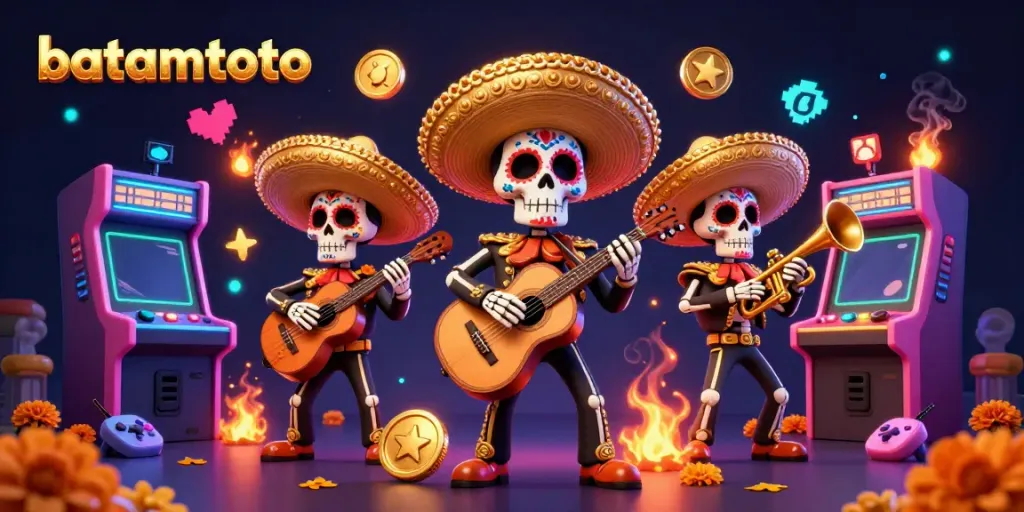 Engage with batamtoto's vibrant casino atmosphere featuring a lively mariachi band and arcade elements.
