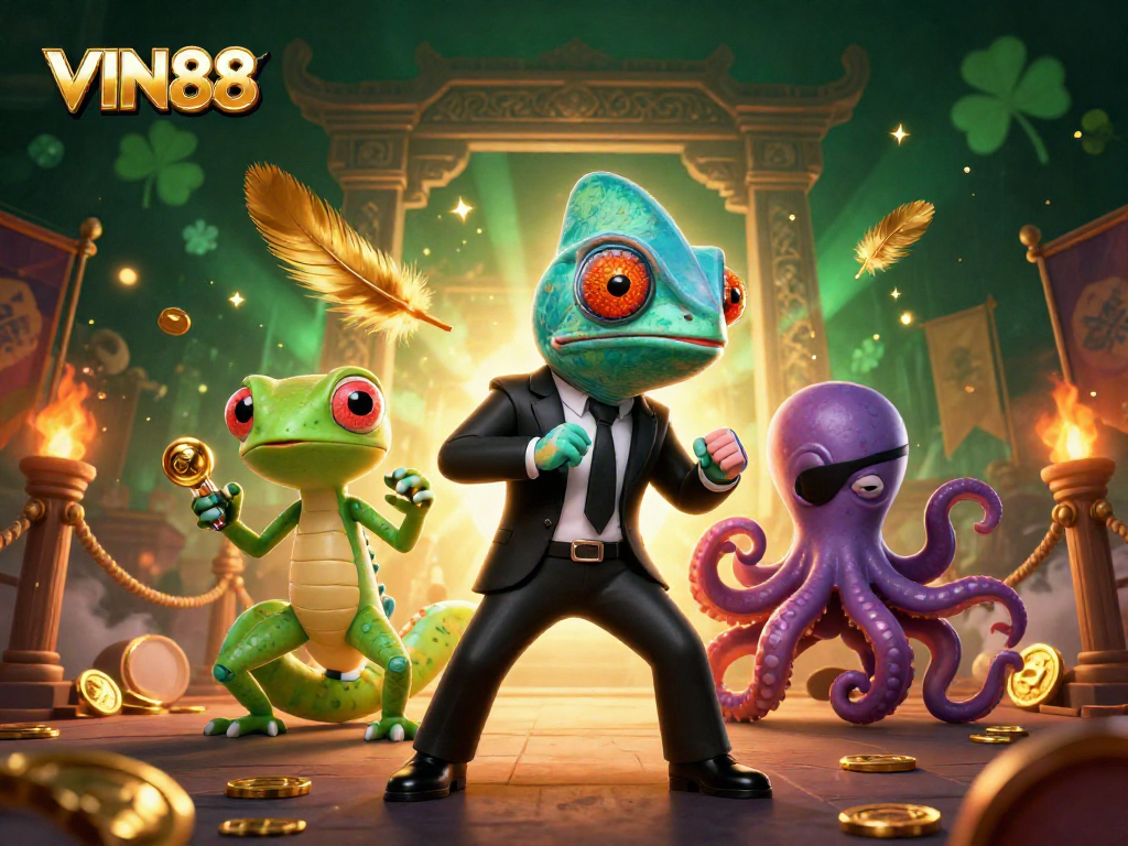 Experience the thrilling action at VIN88 with dynamic characters in a 3D casino adventure scene.