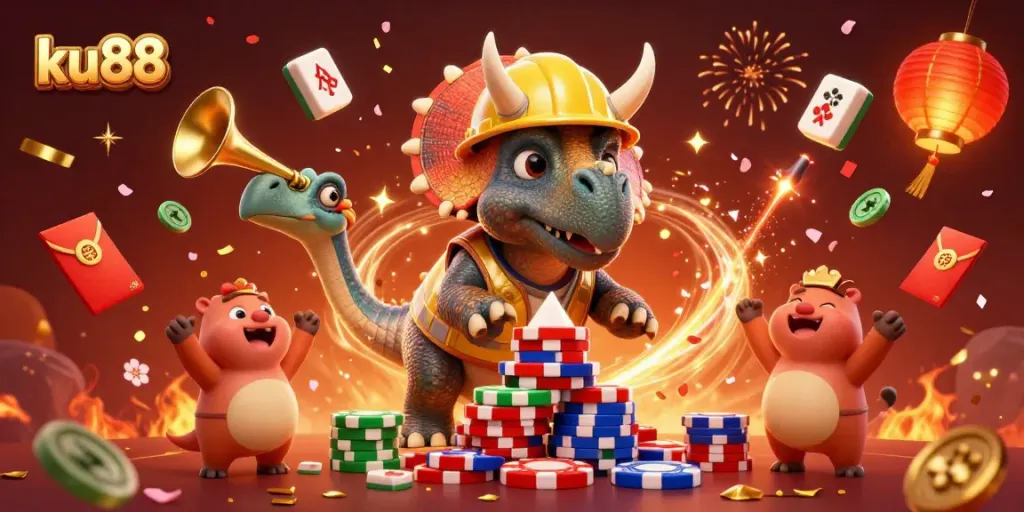 Engage in games at ku88 while celebrating with vibrant characters and casino elements.