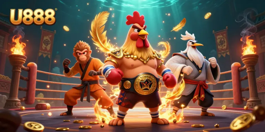 U888 showcases thrilling gameplay with a fierce Muay Thai rooster and Shaolin monkey in a vibrant scene.
