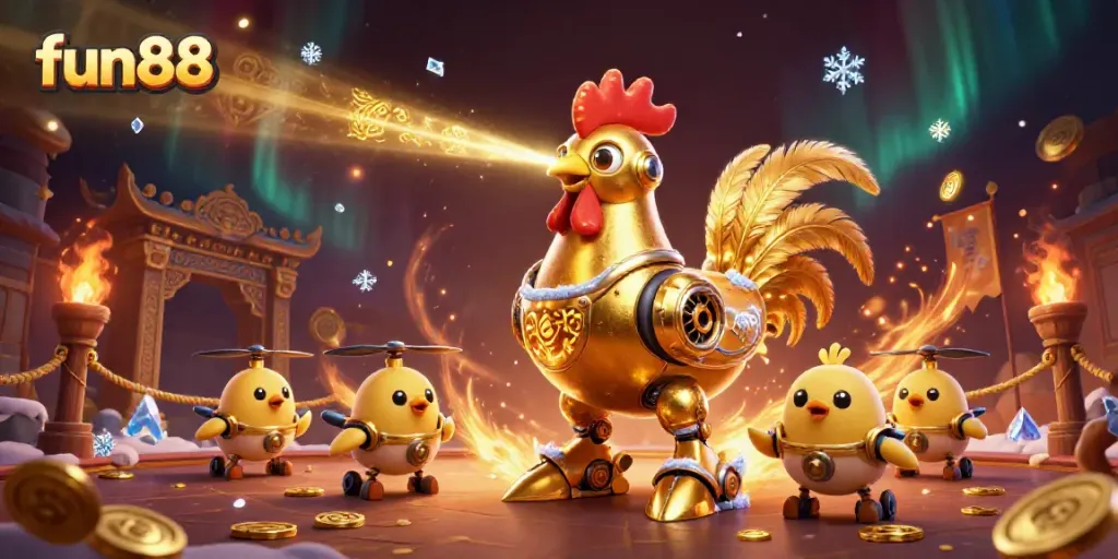 Experience thrilling fun88 betting action with a golden rooster robot leading baby chick drones and casino elements.